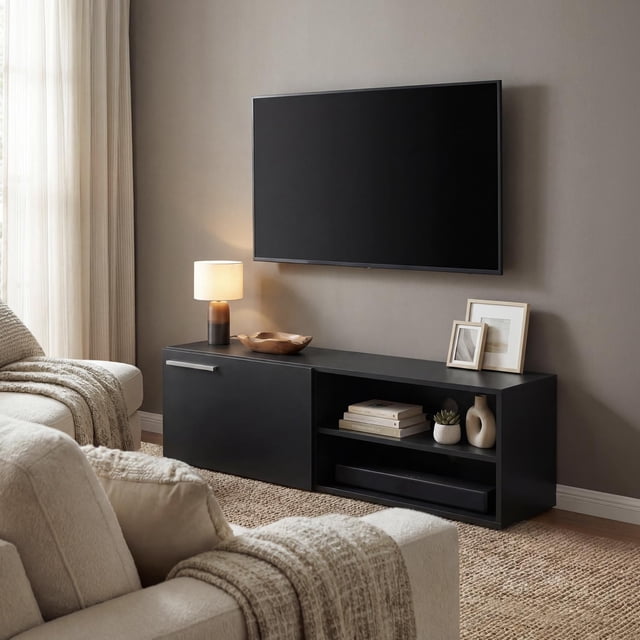 Mueble para TV 55” con Repisas y Almacenamiento, Centro de Entretenimiento Moderno de Madera Sala negro