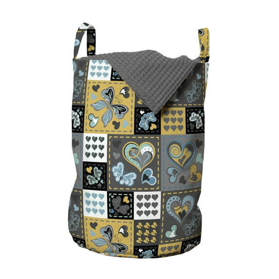 Vintage Laundry Bag, Dark Textured Ornament Heart and Butterfly Motif in Mix Retro Design, Hamper Basket with Handles Drawstring Closure for Laundromats, 13" x 19", Multicolor, by Ambesonne
