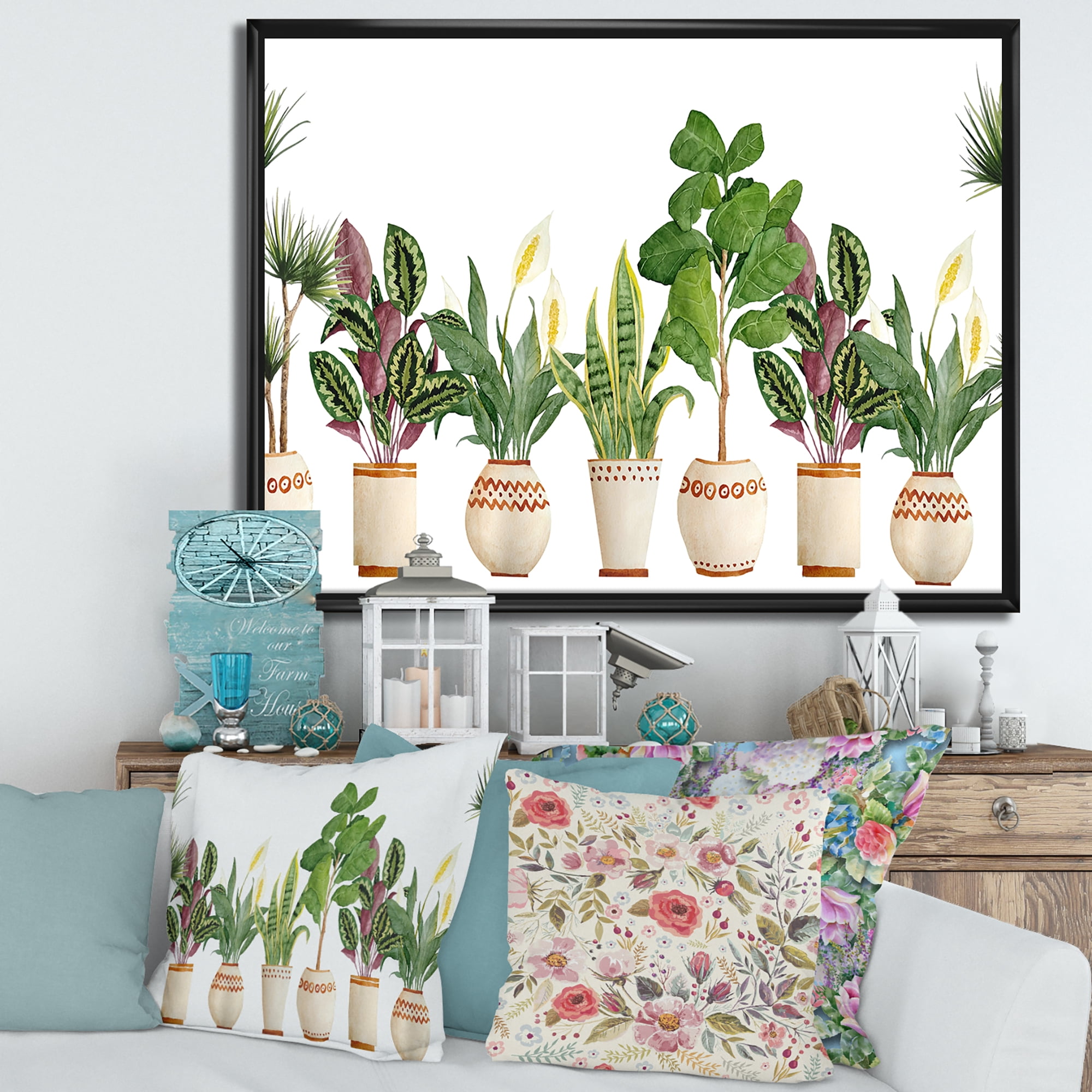 Designart 'Trio of Houseplants Sanseviera Snake Plants On White' Farmhouse Framed Canvas Wall Art Print