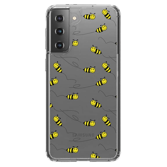 DistinctInk Clear Shockproof Hybrid Case for Galaxy S21  PLUS 5G (6.7" Screen) - TPU Bumper, Acrylic Back, Tempered Glass Screen Protector - Repeating Bumble bees