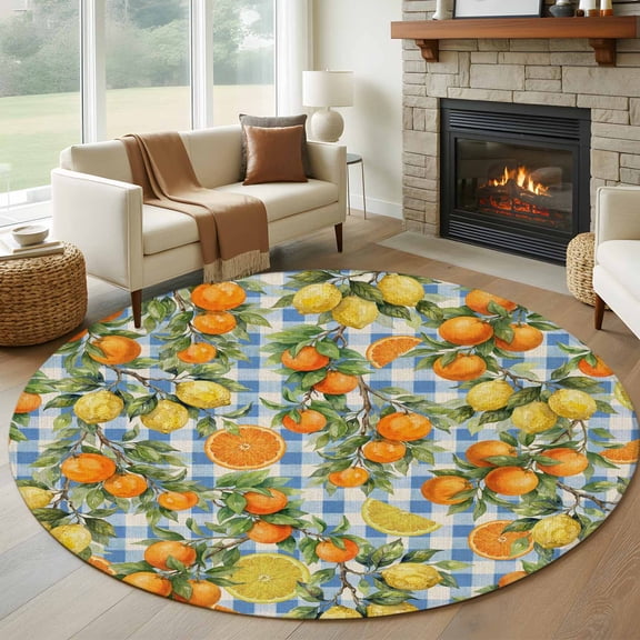 Round Rugs 6Ft, Orange Lemons Round Area Rug Washable Indoor Throw Carpet, Summer Botanical Checkered Farmhouse Soft Non Slip Circle Rug for Office Cabinet Home Decor Aesthetic