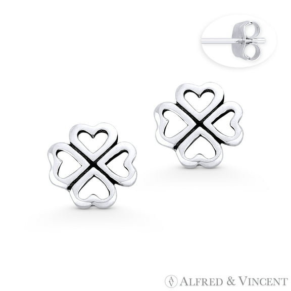 4-Heart Leaf Clover Irish Shamrock Charm Stud Earrings in Oxidized .925 Sterling Silver