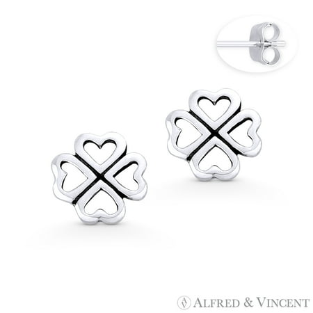 4 Leaf Clover Post Earrings - 4-Heart Leaf Clover Irish Shamrock Charm Stud Earrings in Oxidized .925 Sterling Silver