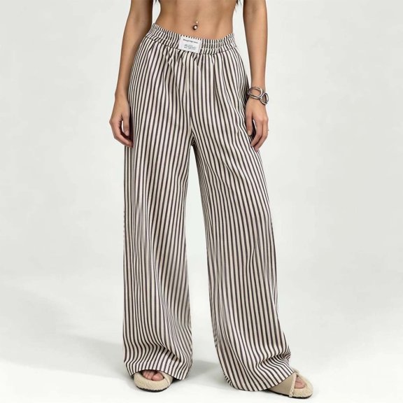 Mifsaly Womens Striped Pants Wide Leg Lounge Pants Elastic Waist Relaxed Fit Pajama Sleep Trousers for Home and Beach Vacation Black,XS