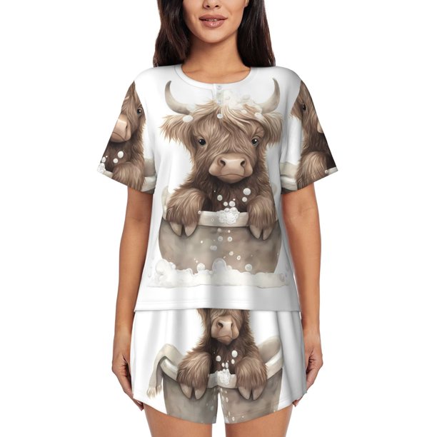 Balery Cute Cow Bath Conjunto de Pijama para Mujer con Estampado, Dos Piezas de Manga Corta y Shorts, Ropa de Dormir Suave con Cuello Redondo y Bolsillos-3X-Large