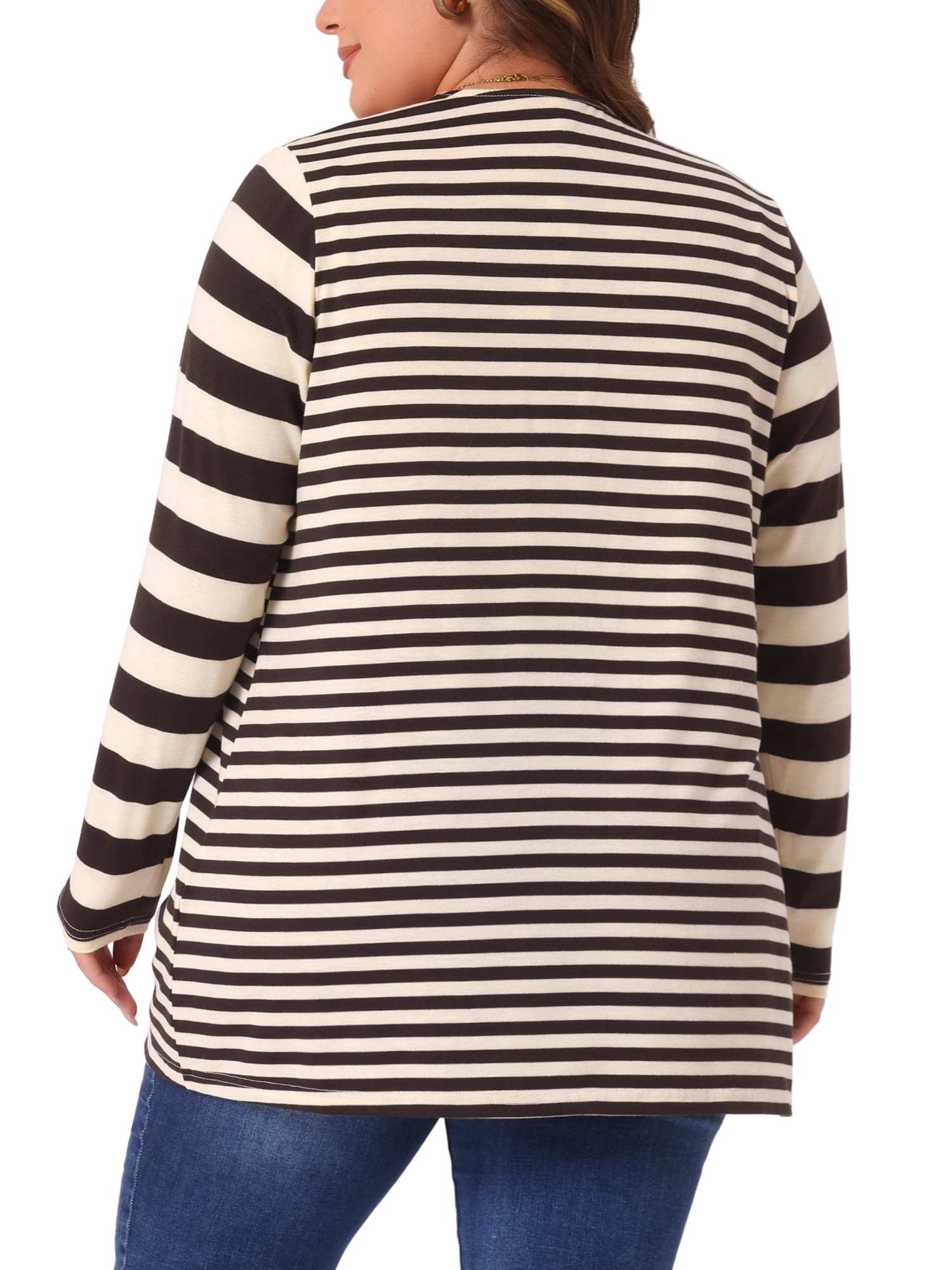 Unique Bargains Women's Plus Size Open Front Striped Mixed Cardigan 2X Brown