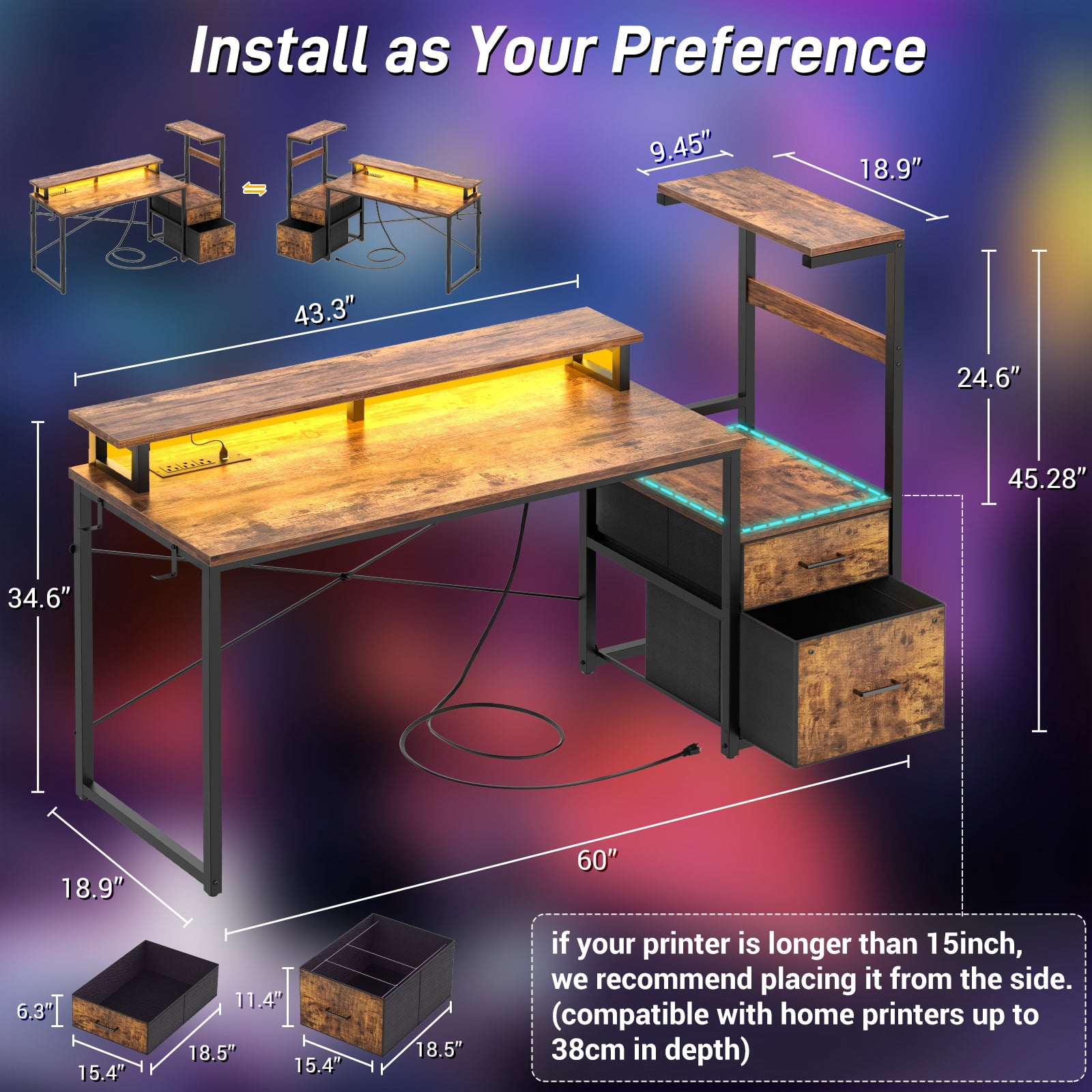Homieasy Gaming Desk with LED Light Strip and Power Outlet, 59 Inch Reversible Computer Gaming Desk with Monitor Stand & Drawers, Rustic Brown