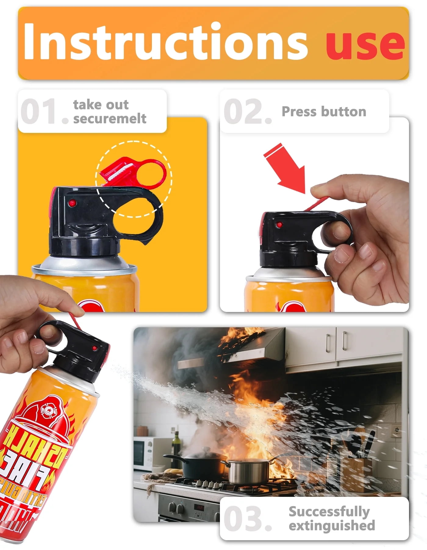 DSKALH Portable Small Fire Extinguishing Spray for Car, Home & Kitchen (Low-Residue, Easy Clean), 4 Pack