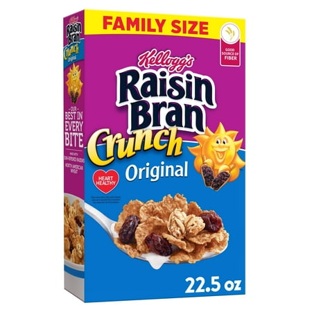 Kellogg's Raisin Bran Crunch Breakfast Cereal, Family Breakfast, Fiber Cereal, Family Size, Original, 22.5oz Box (1 Box)