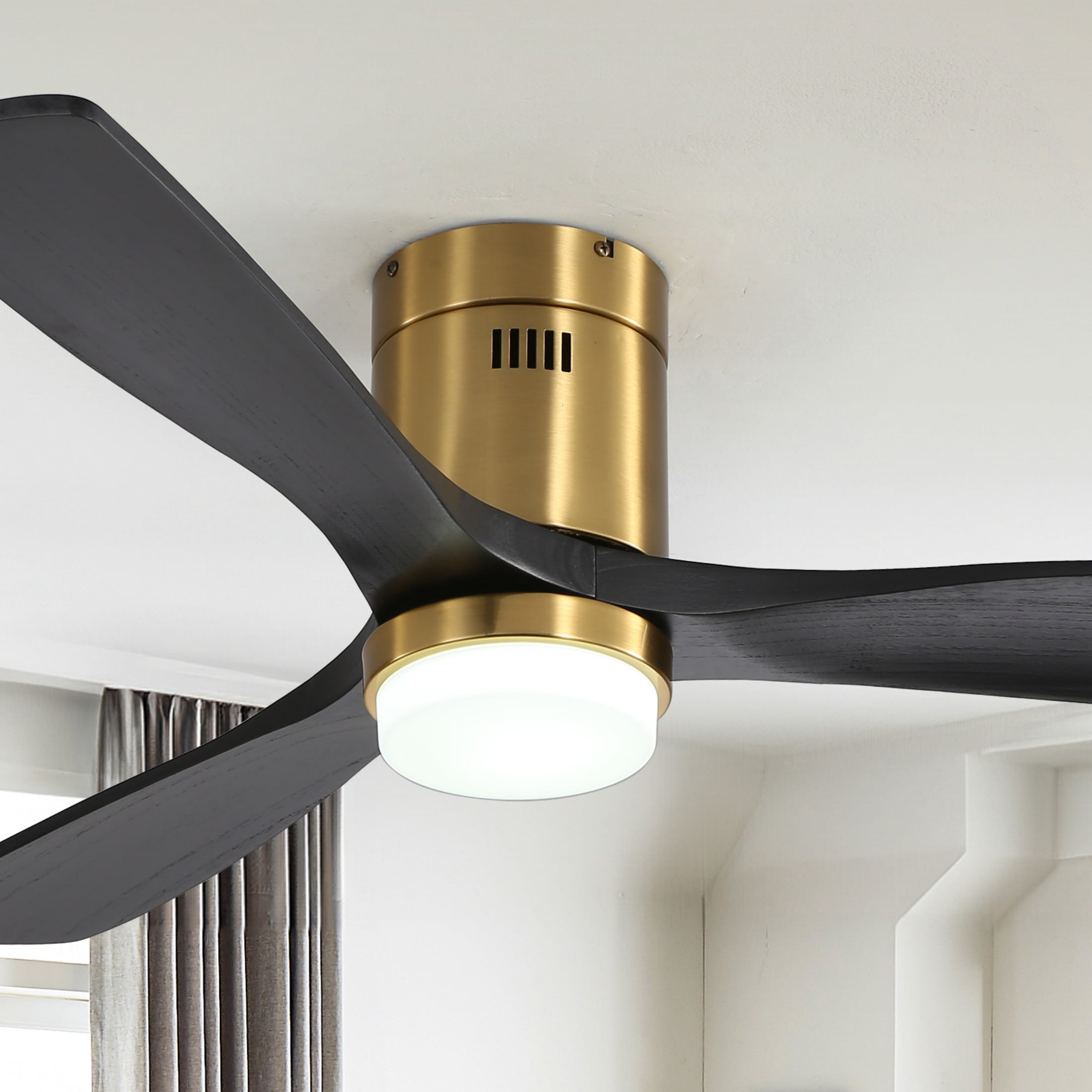 Sofucor 52" Flush Mount Smart Ceiling Fan with Lights, Solid Wood Matte Black and Gold Blades, Compatible with Alexa/Google/App, 3-Color Light 6-Speed Timing Reversible DC Motor