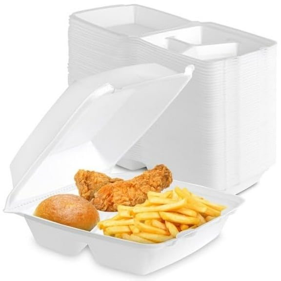 8x8 Clamshell Take Out Boxes (25 Pack) Medium 3-Compartment Foam Food Containers Disposable Lunch Container, Restaurant Togo Trays with Hinged Lids for Takeout, Carryout, and Meal-Prep
