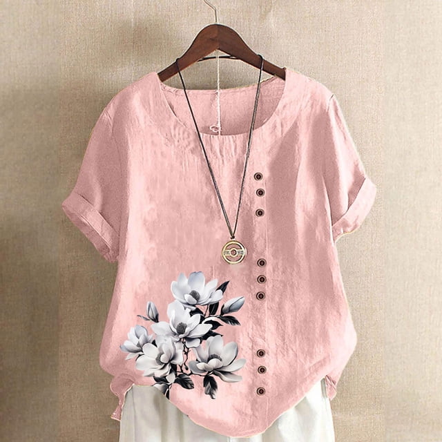 Lydiaunistar Hauts de Printemps pour Femmes Grande Taille Décontracté Lin Col Rond Manches Courtes Blouse Imprimée Légère Confortable pour Travail Vacances Rose