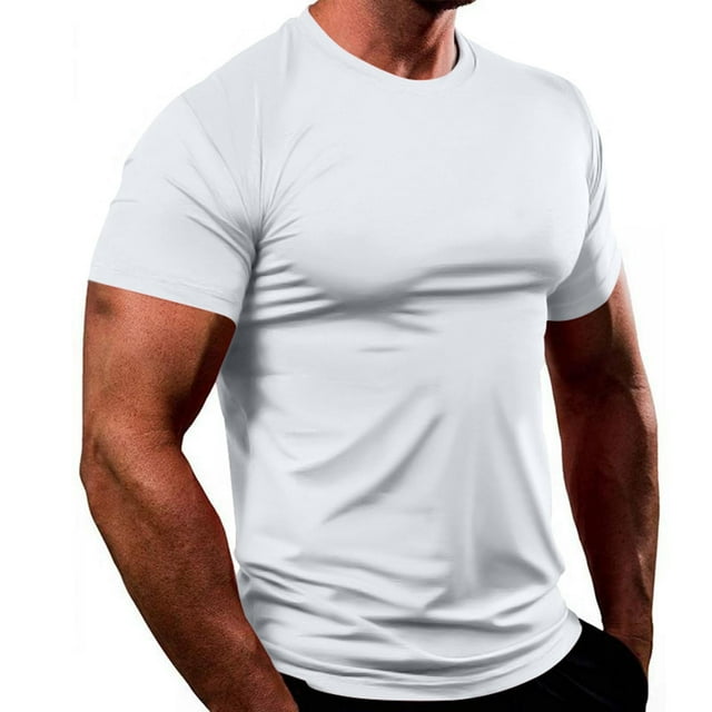 AherBiu Mens Gym T-Shirts Stretch Quick Drying Workout Tee Tshirts for Men Slim Fitted Running Athletic Pullover Solid Color