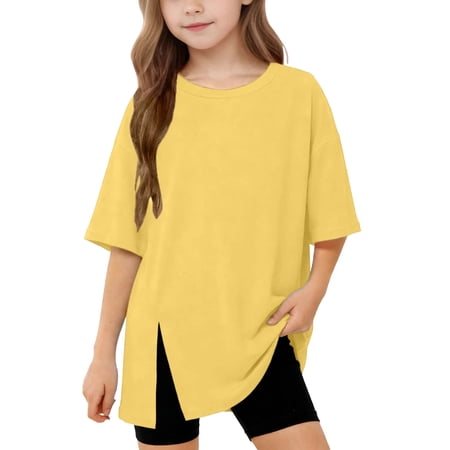 PiGOGI Kids Solid Color Loose Short Sleeve Top Slit Hem Casual T-Shirt Soft Breathable for Boys Girls Yellow 8-9Years