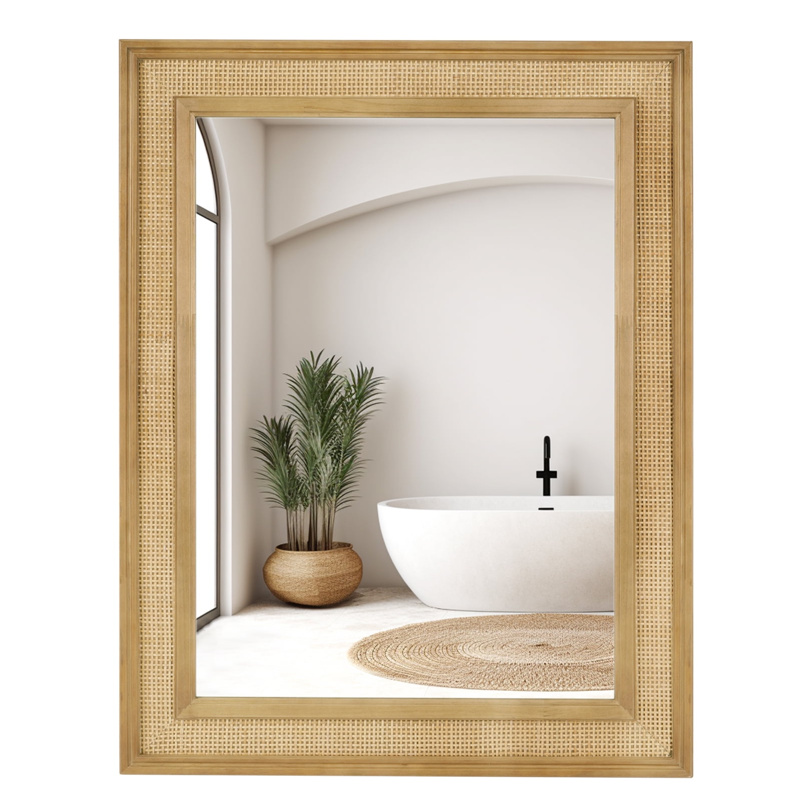 Natural Wood and Rattan Framed Full Length Rectangular Mirror
