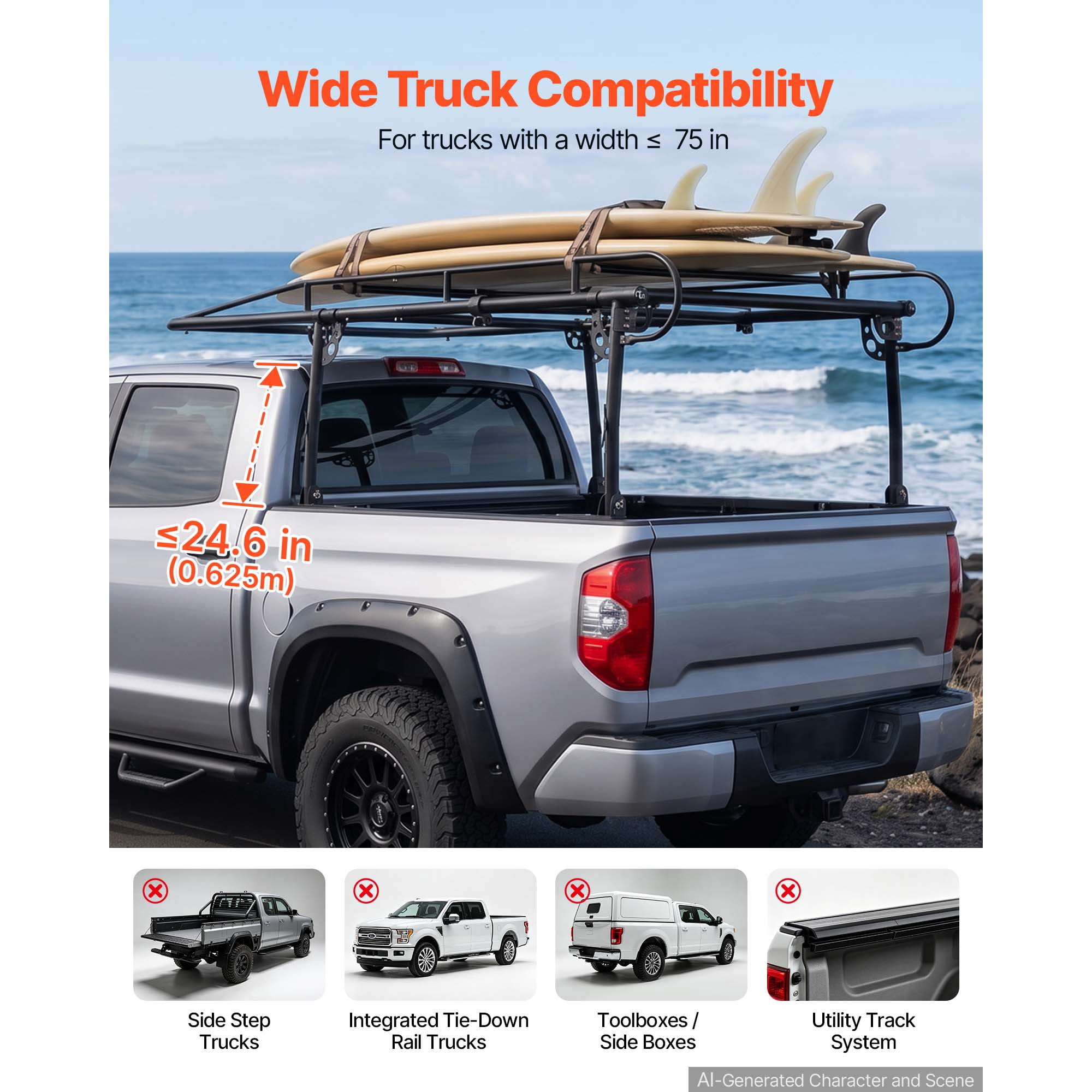 KFFKFF Truck Ladder Rack with 1500LBS Capacity, Adjustable Over-Cab Design for 51.2"-75" Truck Beds, Ideal for Kayaks, Surfboards, Lumber, and Heavy Cargo, Non-Drilling Installation