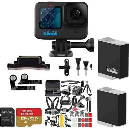 GoPro HERO11 Black 27MP Wi-Fi & Bluetooth Connectivity, Waith 50-in-1 Accessory Kit for GoPro, 128 GB Memory Card, and Rechargeable Battery