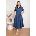 thumbnail image 2 of utcoco Womens Denim Dress Lapel Short Sleeve Frayed Hem Jean Dresses Oversized Button Down A Line Shirt Dress, 2 of 7