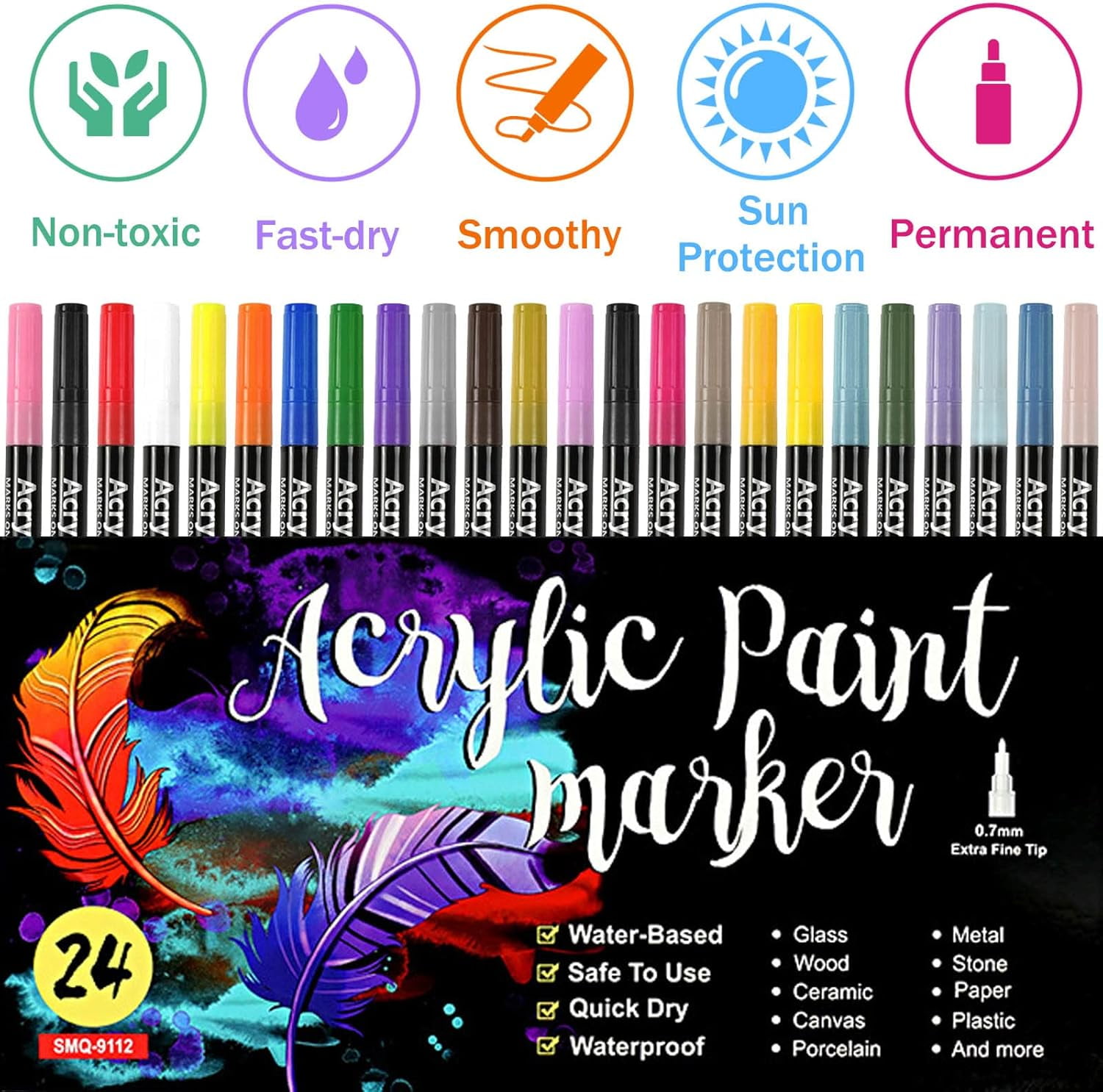 Acrylic Paint Pens for Rock Painting - Set of 24 Extra Fine Point Non-Toxic Paint Markers for Stone, Ceramic, Glass, Wood, Canvas, Fabrics DIY Crafts