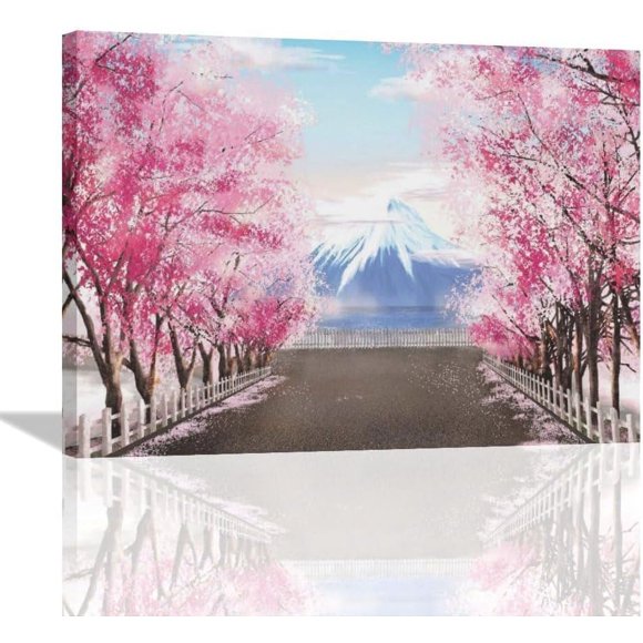 Japanese Wall Art Cherry Blossom Mt Fuji Pictures Wall Decor Canvas Prints Framed Artwork Paintings Poster Home Decorations for Bathroom Kitchen Bedroom Living Room Office 16"x12"