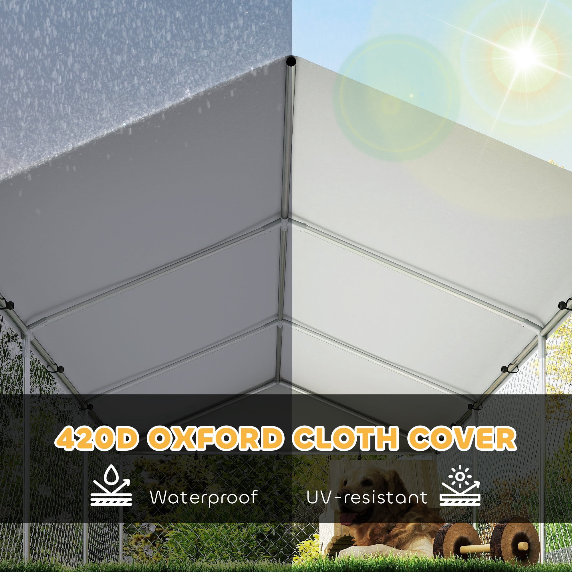 PawHut Outdoor Dog Kennel, Heavy Duty Dog Kennel Outside with Adjustable & Rotatable Bowl Rack, Waterproof Cover, Secure Lock, 19.7' x 7.5' x 5.2'