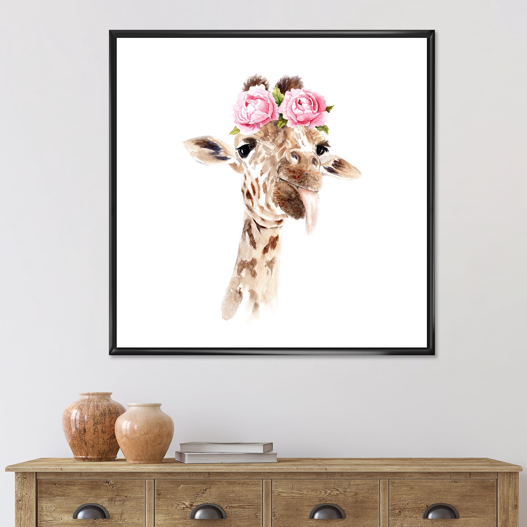 Designart 'Portrait of A Giraffe With Pink Flowers' Farmhouse Framed Canvas Wall Art Print