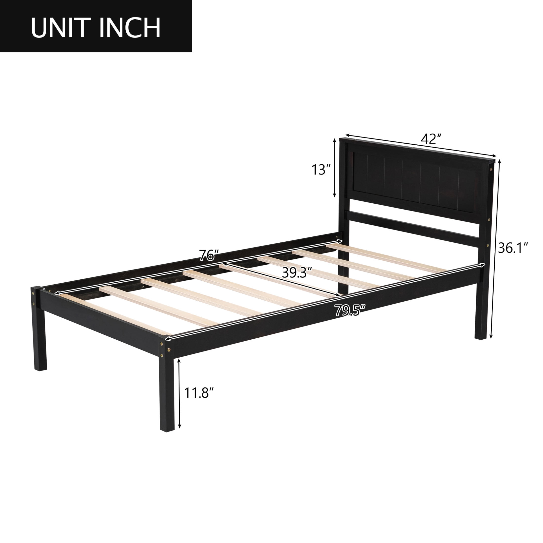 Noble House Sylvia Twin Platform Bed Frame with Headboard, Wood Slat Support, Modern Pine Wood Frame, Espresso