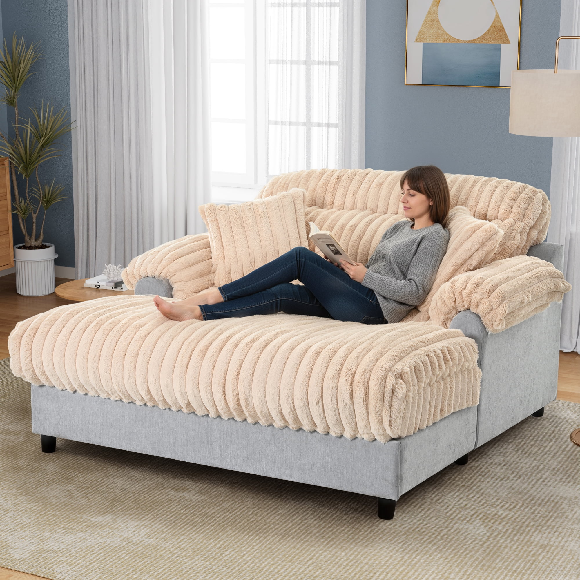 Euroco Modern Chaise Lounge Sofa 65.25" Cloud Chaise Sofa Cozy Plush Sofa Couch with Two Throw Pillows for Living Room, Champagne