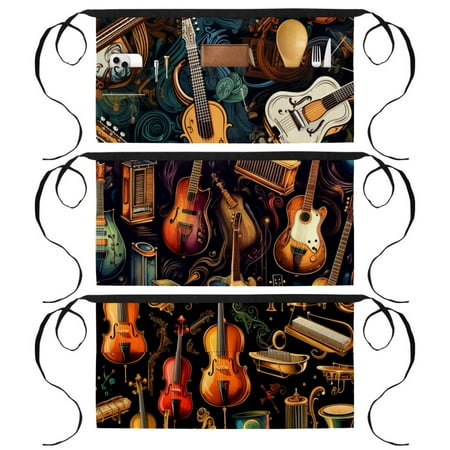 

3 Pack Half Apron with 3 Pockets Musical Instrument Aprons with Long Waist Strap for Kitchen Restaurant Waiter Bartender