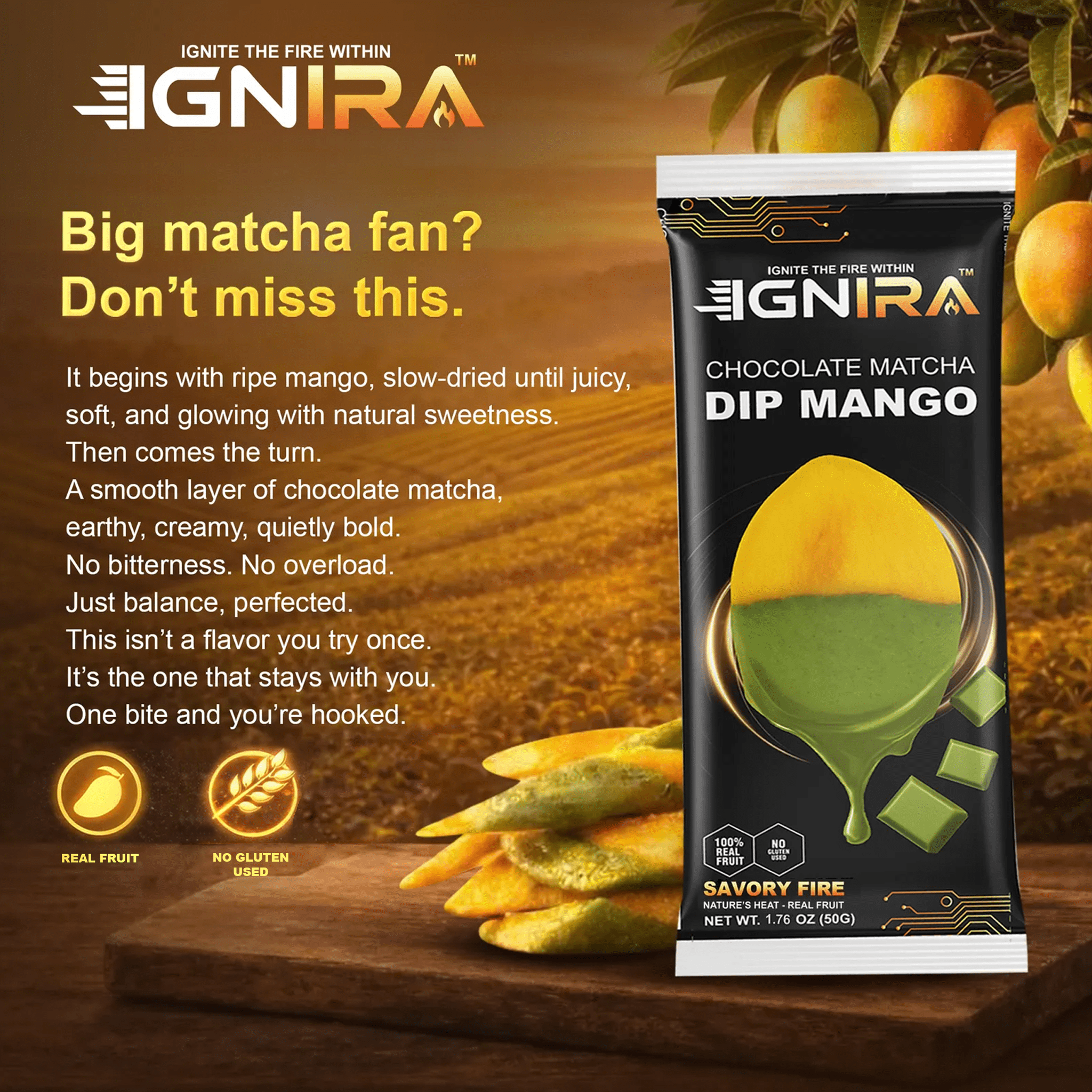 (3 pack) IGNIRA Dried Mango Slices Covered in Chocolate Matcha - Fruit Snack -  6-pack ( Paper Box )