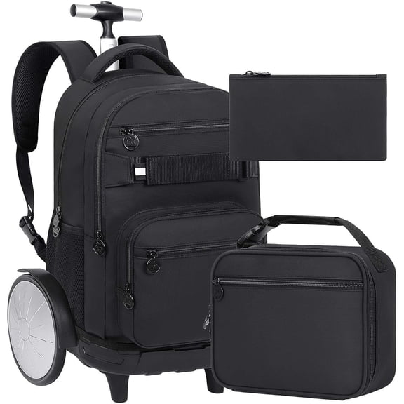 3Pcs Large Rolling Backpack for Teen Boys Men, 20 Inch Detachable Wheeled Bookbag with Lunch Box, Durable Oxford Cloth Roller Backpack for College School Travel (Black)