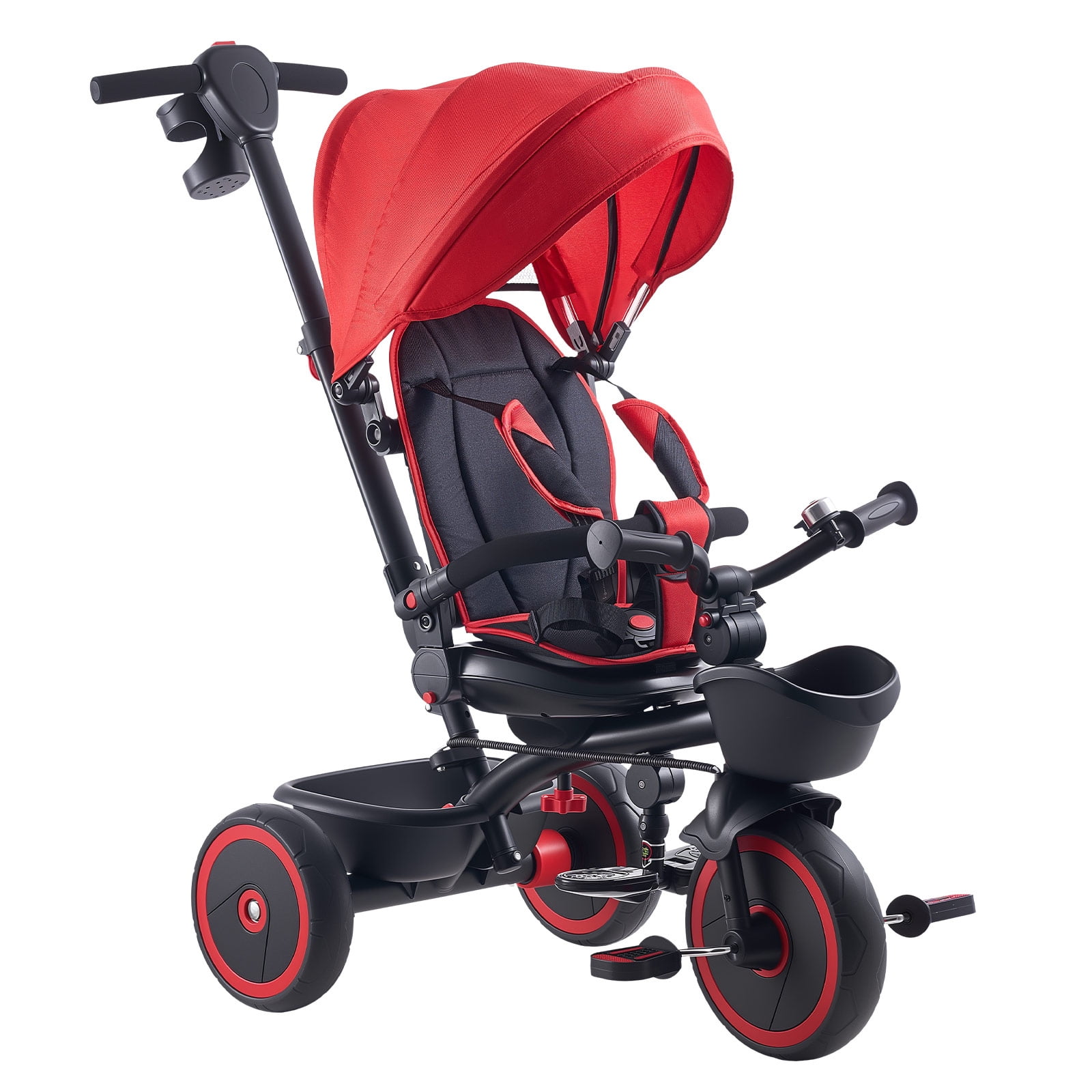 KFFKFF 6-in-1 Toddler Tricycle & Stroller for Ages 1-5, Kids Trike with Push Handle, Canopy, Adjustable Seat, and Storage, Ideal Gift for Boys and Girls, Red/Black