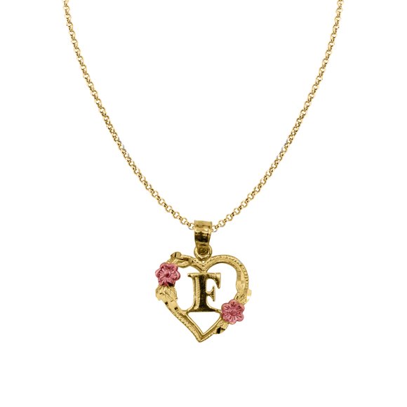 14k Two-tone Gold Flower and Heart-shaped Initial 'F' Pendant with 1.2mm Rolo chain