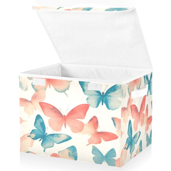 Yayeee Collapsible Cube Storage Bin with Lid Fabric Closet Decorative Basket with Handles, Watercolor Butterflies