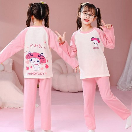 

Anime Sanrios Children Cotton Pajama Set Cartoon Kuromi Hellokittys Cinnamoroll Print Long Sleev Long Pants Home Clothing 2piece