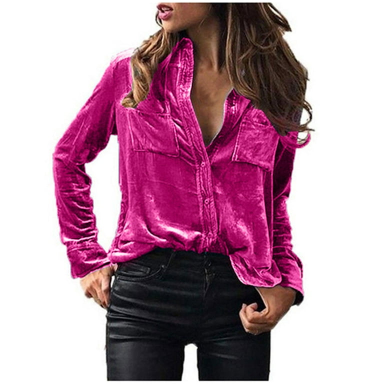 ZQGJB Velvet Blouses for Women Elegant Long Sleeve Vintage Solid Color  Button Down Shirts with Pockets Trendy Fall Winter Warm Collared Jackets  Hot Pink XL 
