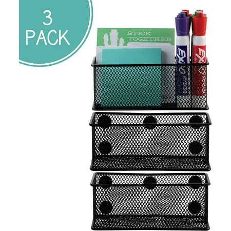Homeries Magnetic One Compartment Pen & Pencil Holder (Pack of 3) – Mesh Pen & Marker Storage Basket for Refrigerator, Office, Desk, Home, Locker, Whiteboard – Extra Strong Magnets