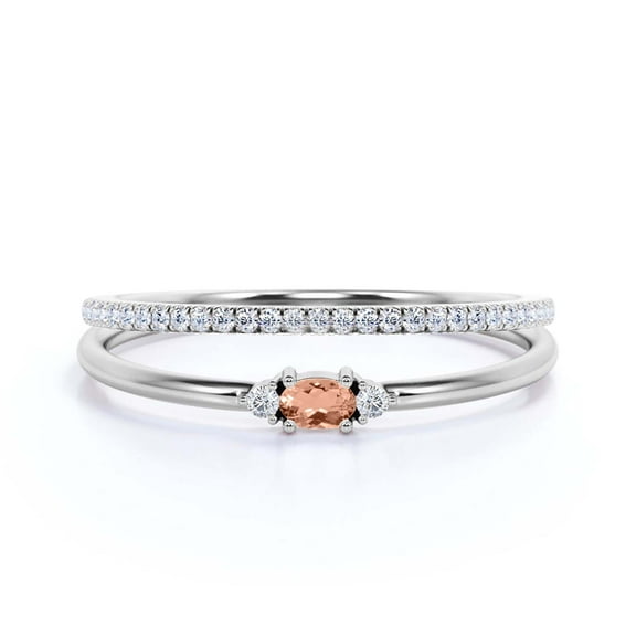 Minimalist 1.15 Carat Slim Oval Cut Morganite And Diamond Moissanite Fairy Engagement Ring, Dainty Wedding Ring in 925 Sterling Silver With 18k White Gold Plating, Festival Bridal Set, Matching Band