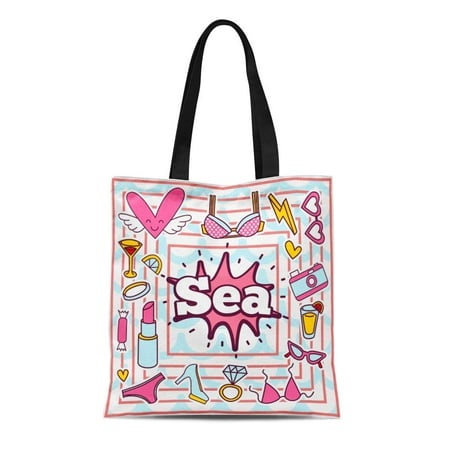 LADDKE Canvas Bag Resuable Tote Grocery Shopping Bags Chic Summer Patch Badges Sea Lipstick Bra Hearts Camera Sunglasses Tote Bag