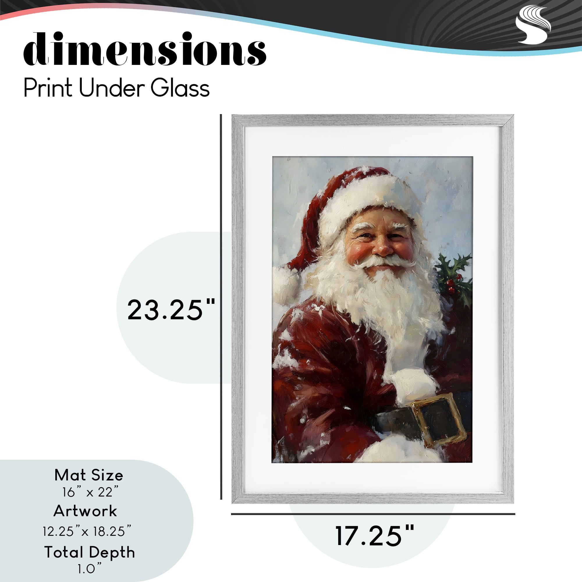Rosy Cheeked Santa Smile Gray Framed Print Under Glass, design by Petal Prints Design