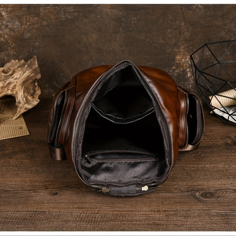 Vintage Genuine Leather Backpack, Retro Round Bucket Daypack  display picture 1