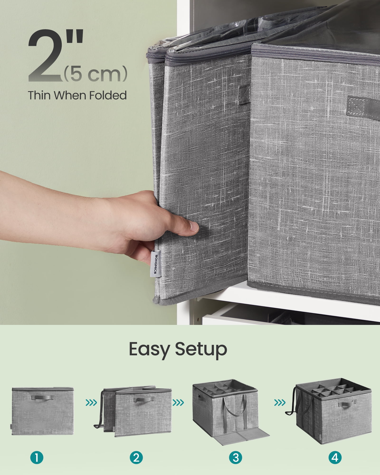Set of 2 Shoe Storage Organizers - 16-Pair Capacity Each, Clear PVC Lid & Reinforced Handles, Foldable Fabric Bins for Closet, Cattail Gray