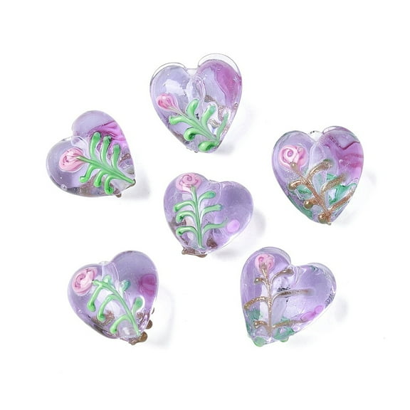 Handmade Transparent Lampwork Beads Heart with Flower Lilac 14.5~15x15~15.5x9~10mm Hole: 2mm