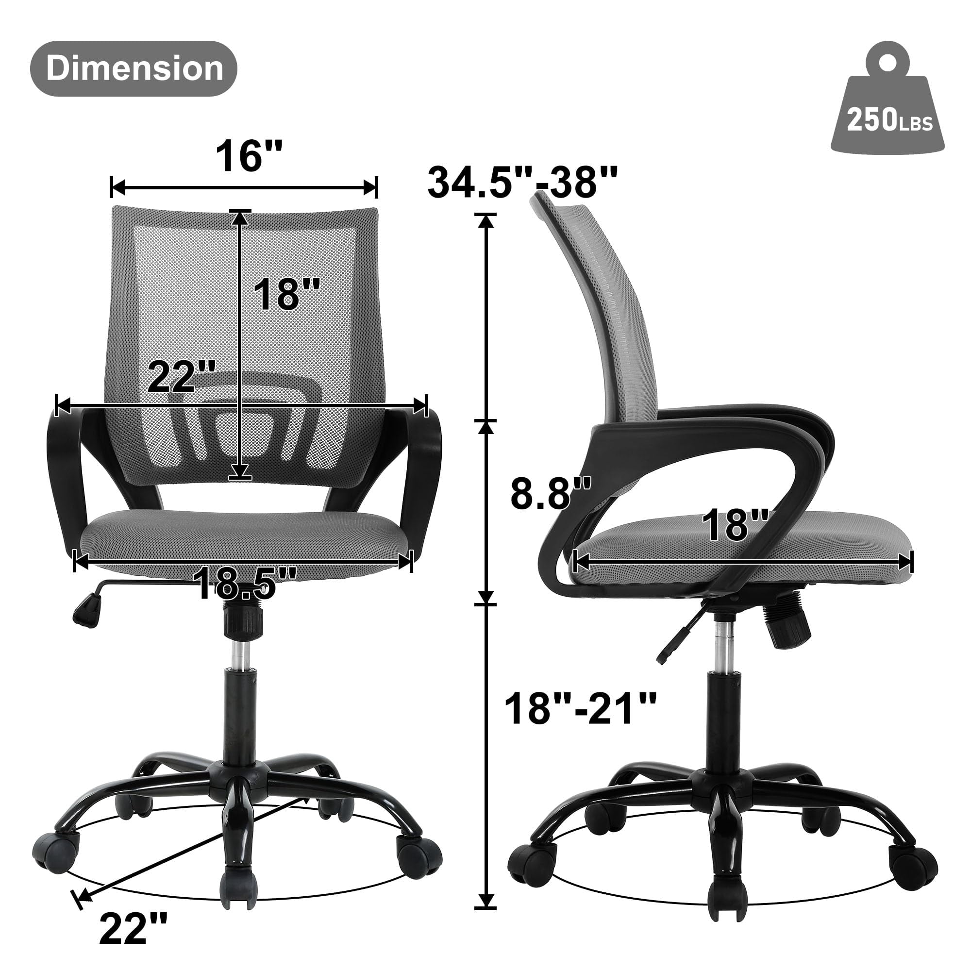 CL.HPAHKL Ergonomic Desk Chair, Mid-Back Mesh Office Chair with Wheels, Rolling Swivel Computer Task Chair for Home Office, Fixed Armrests, Tilt & Height Adjustable, Gray