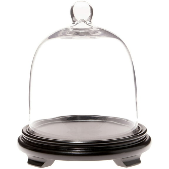 Plymor 7.875" x 9.5" Bell Jar Glass Display Dome Cloche, Black Wood Veneer Footed Base (Interior size 7.5" x 7.5")