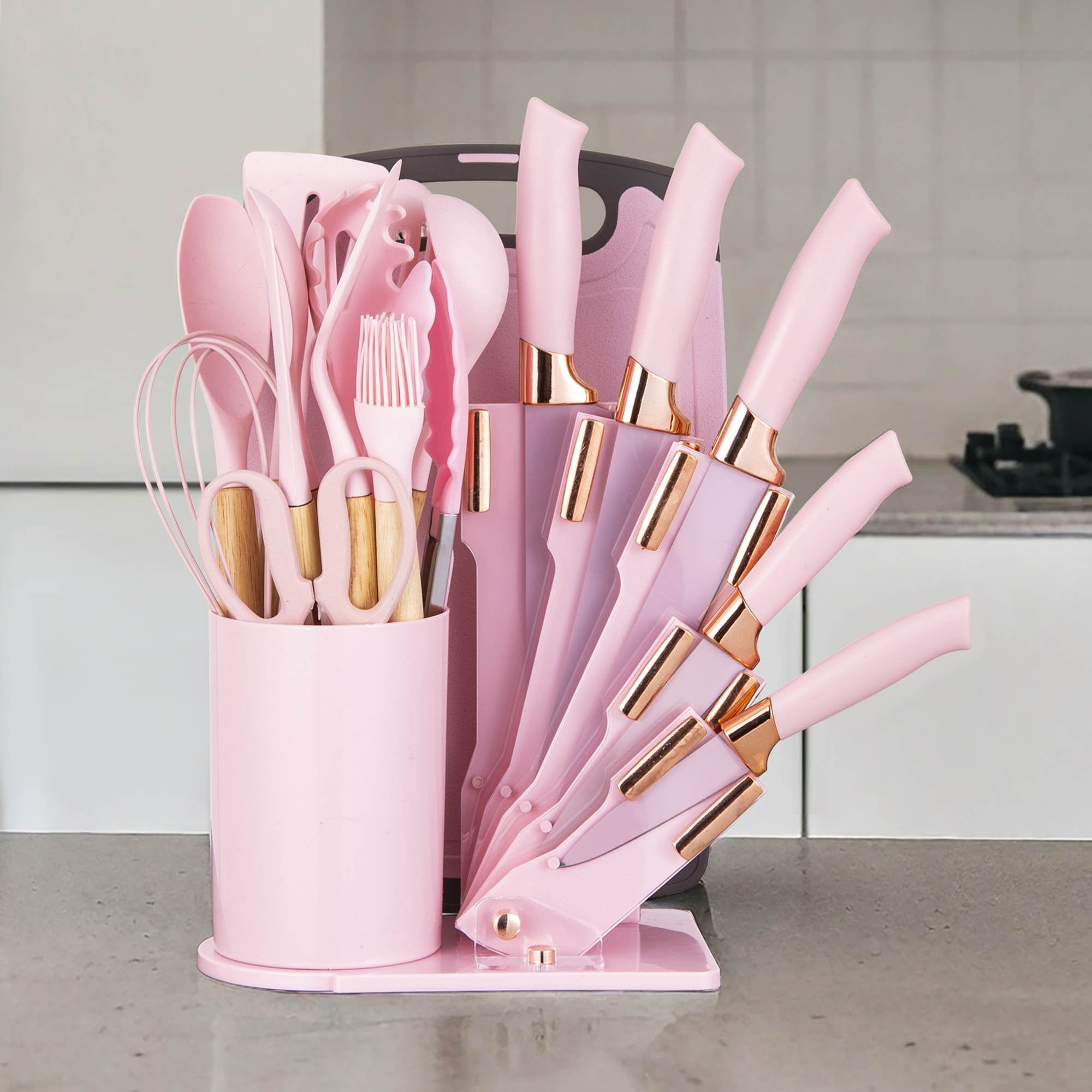 HEESEM 19-Piece Silicone Kitchen Utensil & Knife Set - Heat-Resistant Cooking Tools Non-Stick Safe Gift for Mom or Women Pink
