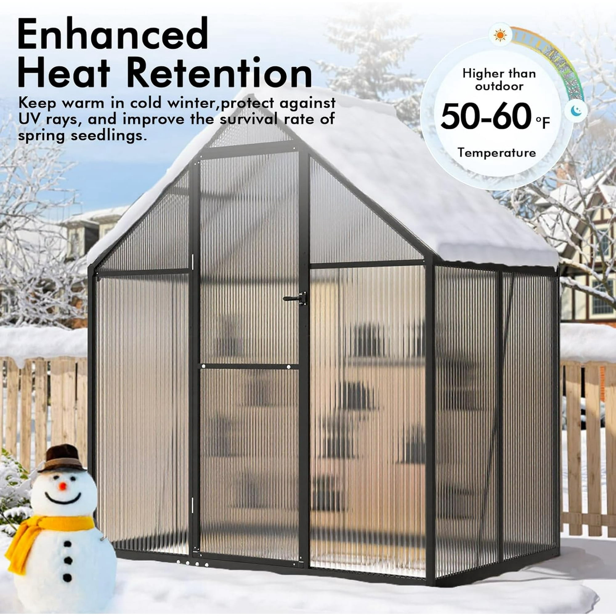 6x4FT Walk-in Greenhouse for outdoors | Reinforced Aluminum Frame | Polycarbonate Panels | Thermometer Hygrometer | UV-Resistant All-Weather Garden Greenhouse | WUKHG