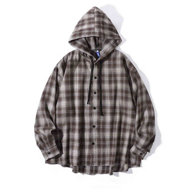 Blusa de manga larga con capucha para hombre, estilo holgado, a cuadros, con botones y cordón ajustable, de poliéster.