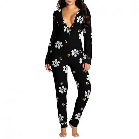 

PEONAVET Onesie Pajamas for Women Sexy V Neck Butt Button Flap Jumpsuit Fashion Printed Jumpsuits Long Sleeve Button Onesies Pajama Club Rompers Sleepwear Gifts for Women