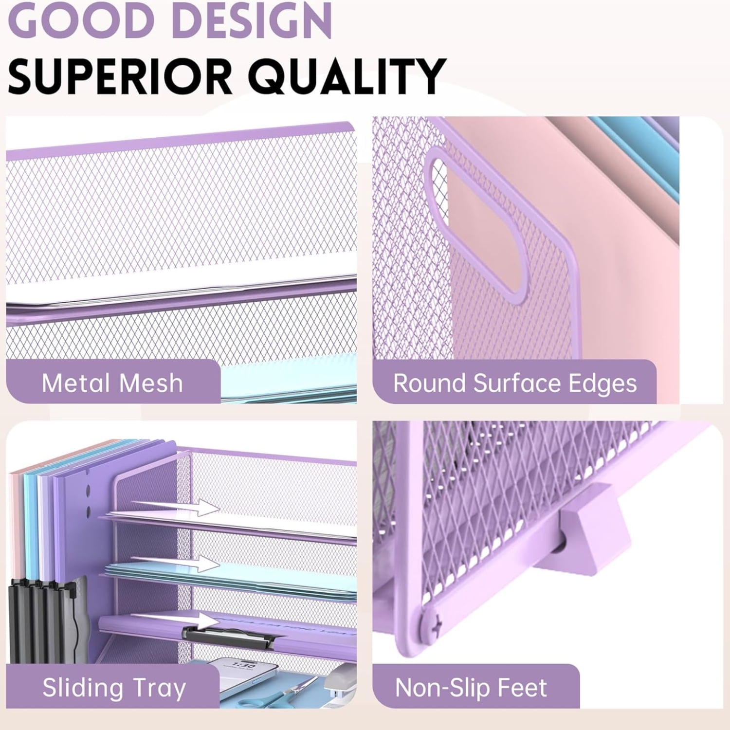 INTIGE 5-Tier Metal Mesh Desktop Organizer with File Holder, Drawers and Pen Holder, Paper Organizer, Purple, 1 Pack